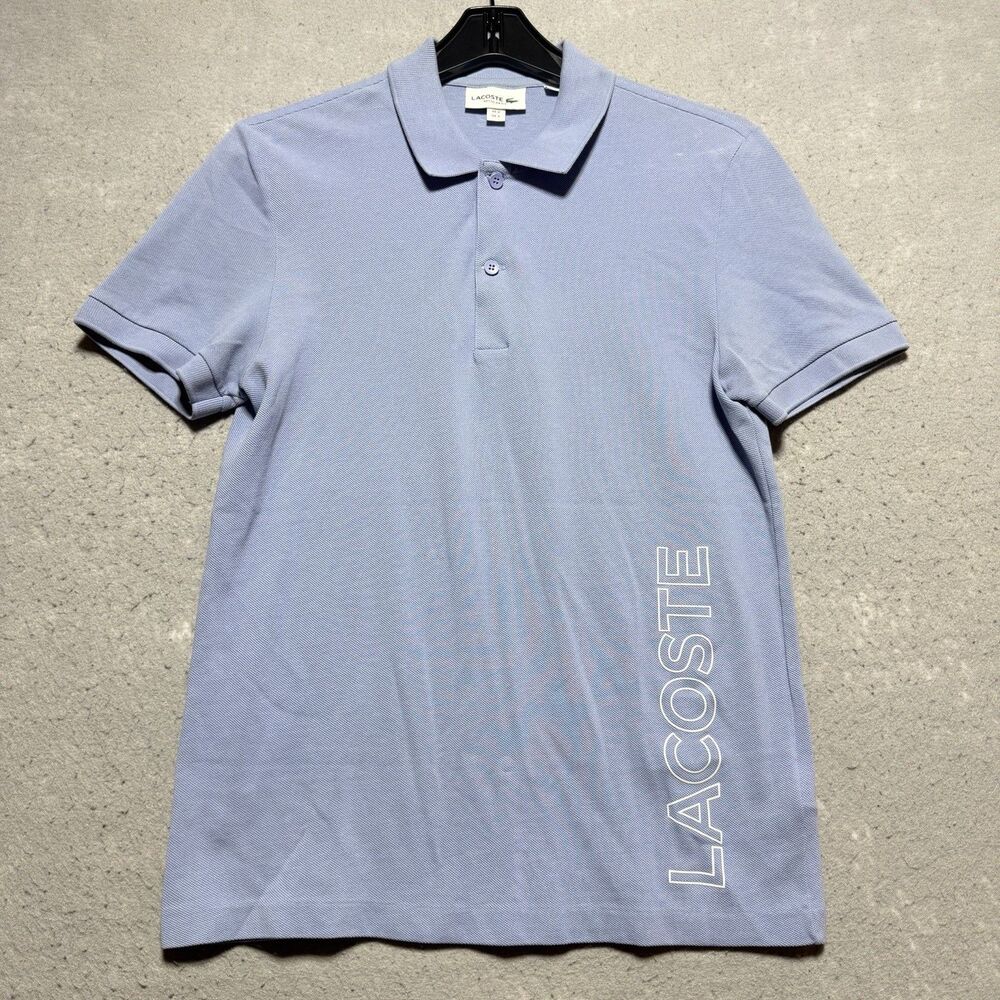 Lacoste Men's Slim Fit Light Blue Branded Collar Stretch Pique Polo Size Small